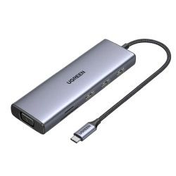 UGREEN USB Hub USB-C na 3xUSB 3.0 A, VGA, HDMI, RJ45 Gigabit, SD/TF, PD, 3.5mm, sivi