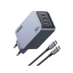 UGREEN Nexode Pro Mini FC, 100W, 2x USB-C, USB-A, USB-C kabel, GaN, sivi