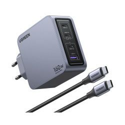 UGREEN Nexode Pro zidni punjač 160W, 3×USB-C/1×USB-A, USB-C kabel, GaN, sivi