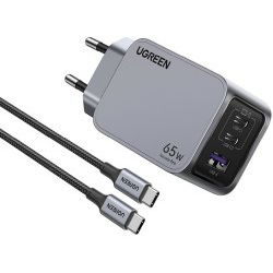 UGREEN Nexode Pro, 65W, 2x USB-C, USB-A, USB-C kabel, GaN, sivi