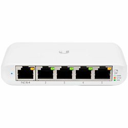 Ubiquiti USW Flex Mini 5-Port managed Gigabit Ethernet switch powered by 802.3af/at PoE or 5V, 1A USB-C power adapter.