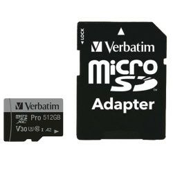 Verbatim memorijska kartica PRO Micro SDXC 512GB, U3, A2, V30, Class 10 Card + adapter